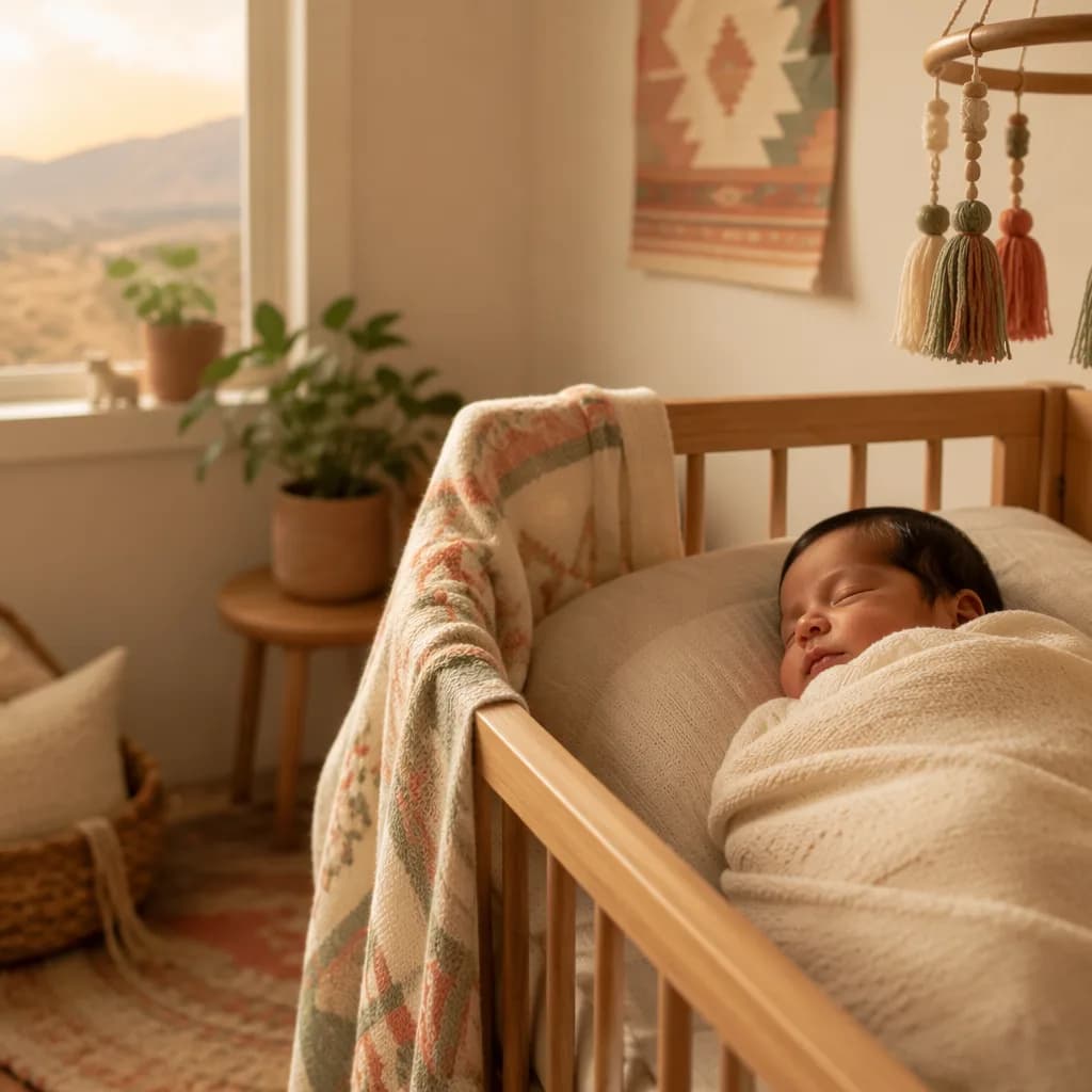 Sleeping newborn in a warm pastel nursery with subtle Andean-inspired woven details