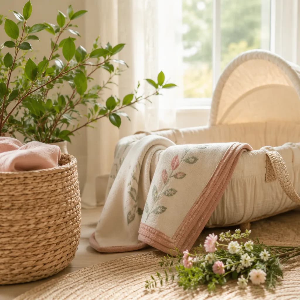 Soft sunlit nursery still-life with baby blanket, greenery, and delicate flowers.