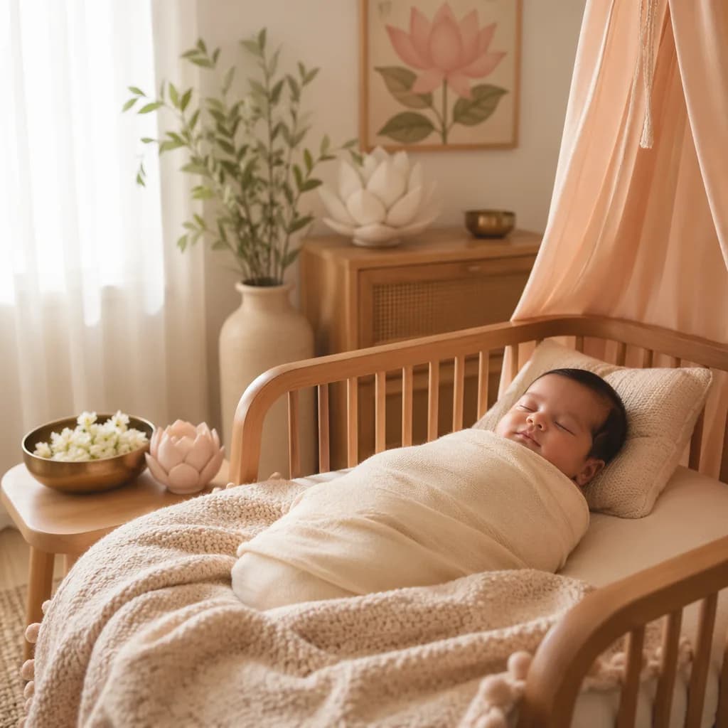 Peaceful pastel nursery with a swaddled sleeping baby and gentle Sanskrit-inspired decor.