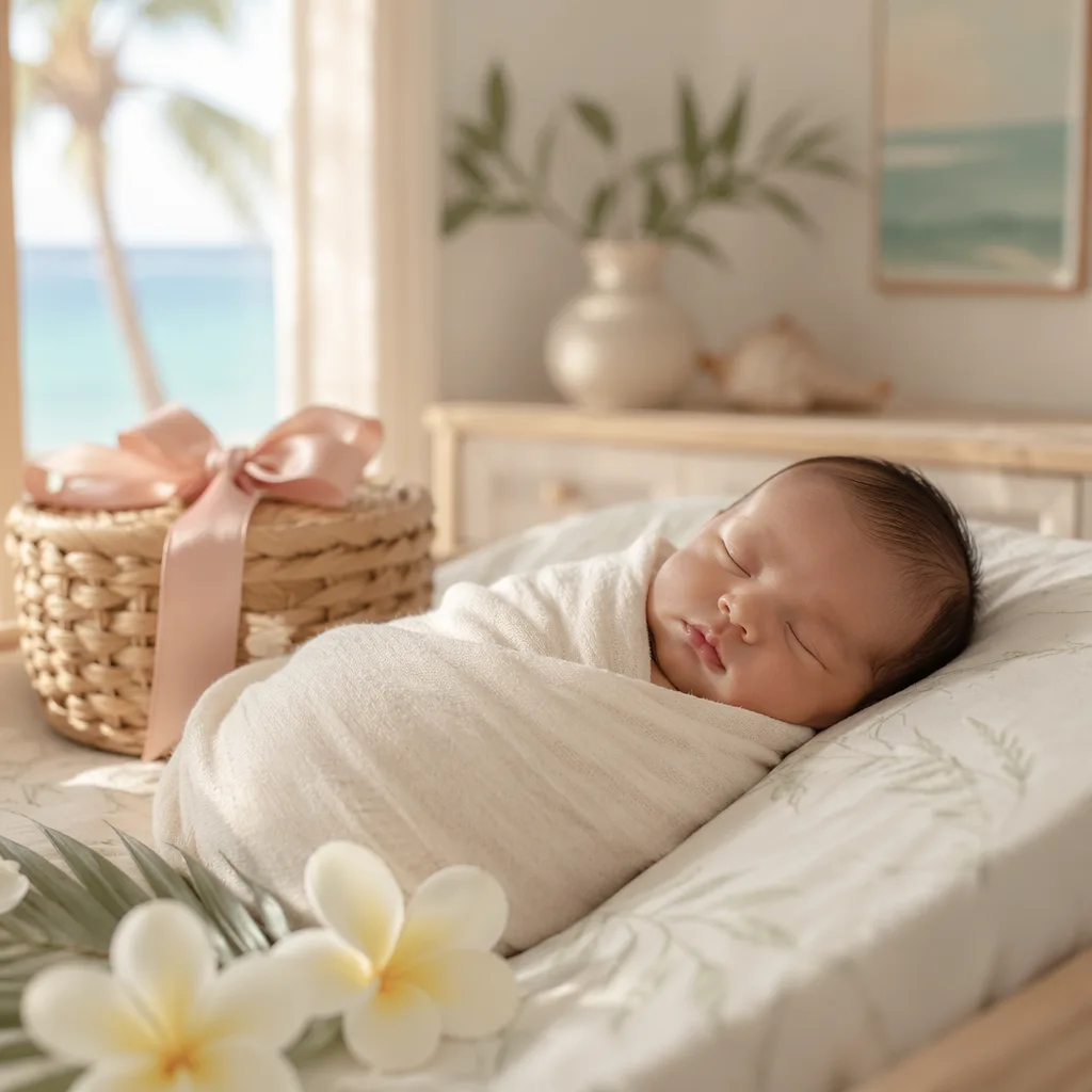 Sleeping newborn in a soft Hawaiian-inspired nursery with plumeria and gentle pastel light.