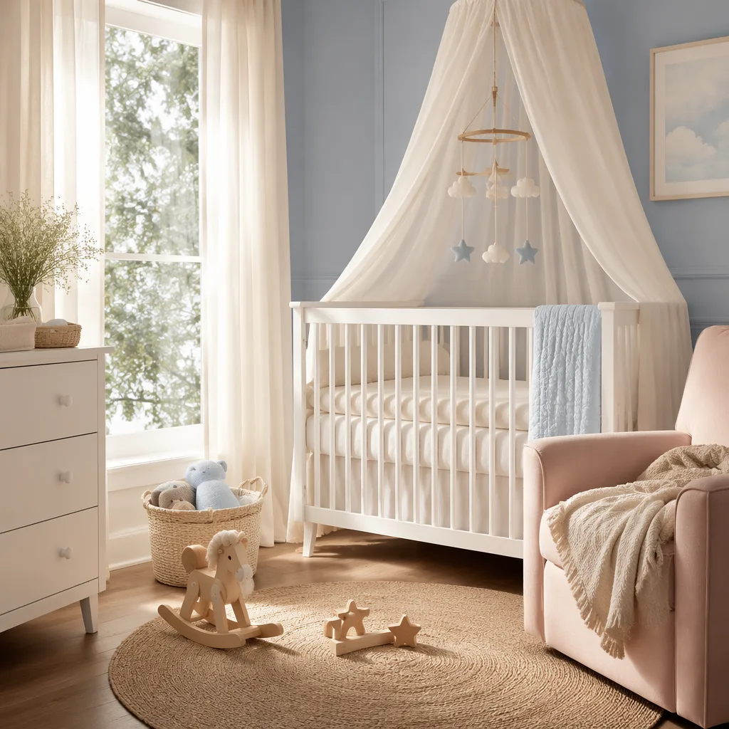 Soft pastel nursery with star mobile and cozy baby blanket in gentle natural light.