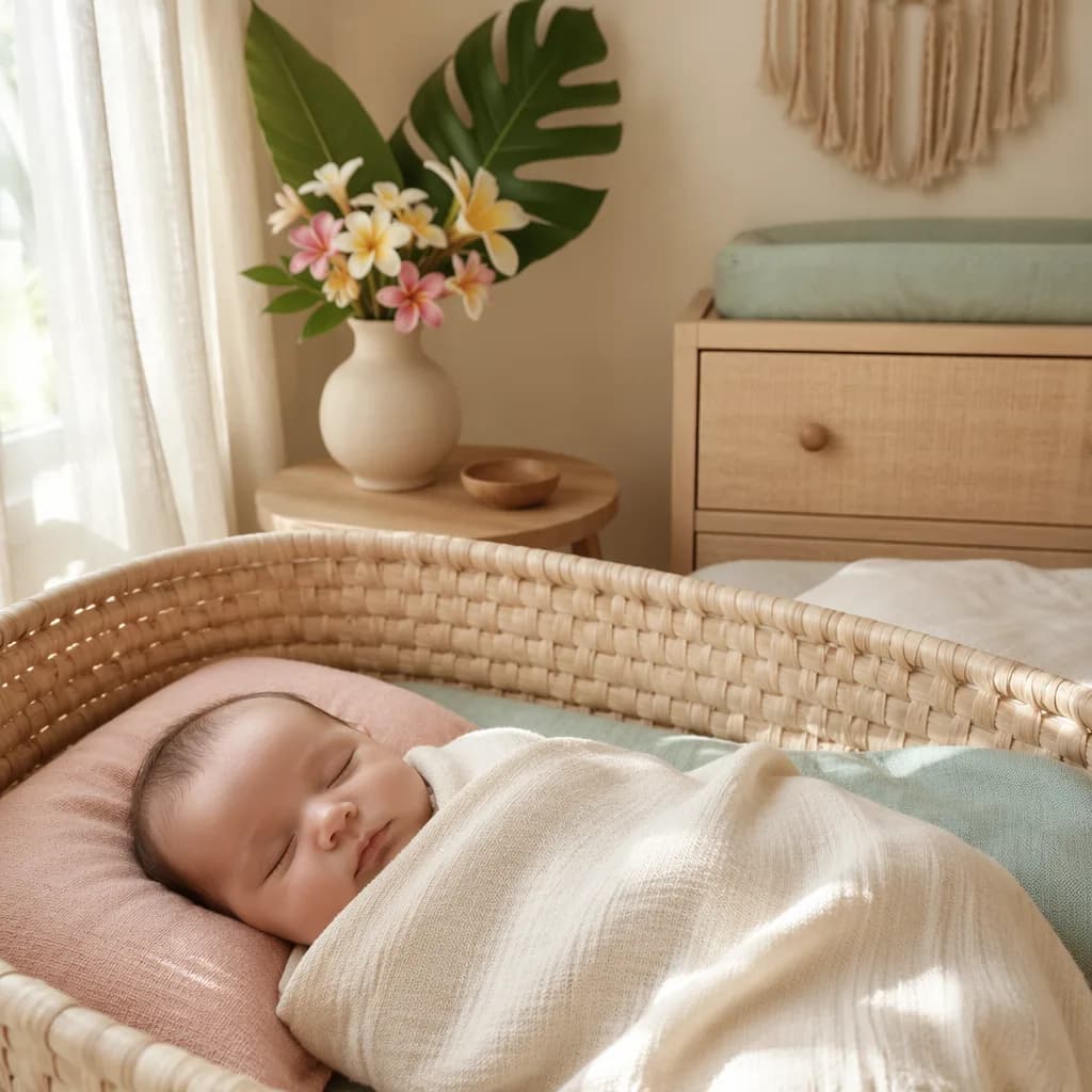 A serene pastel nursery with a swaddled sleeping baby and subtle Hawaiian-inspired details.