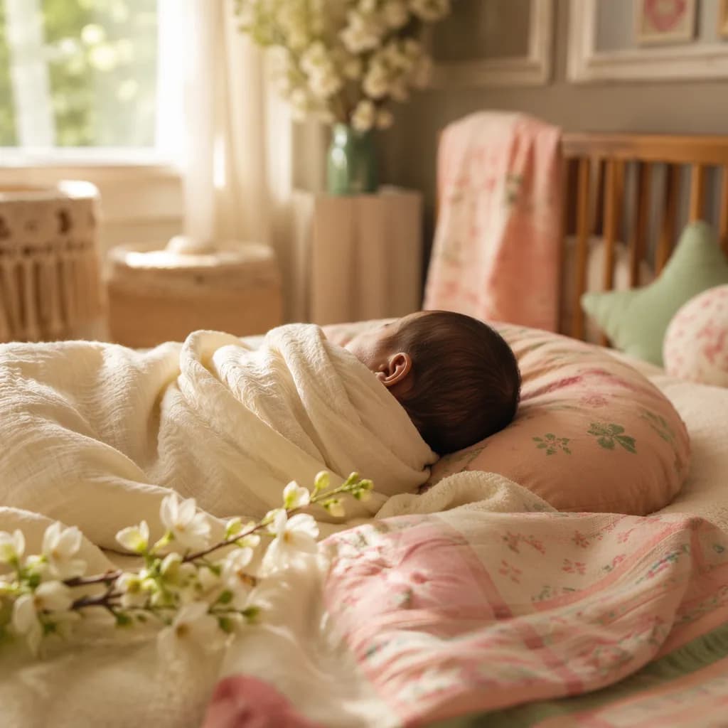 A peacefully sleeping Bengali newborn in a soft pastel nursery filled with gentle morning light.