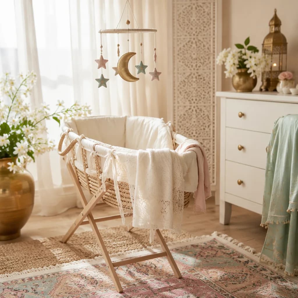 Soft pastel Urdu-inspired nursery with bassinet, jasmine flowers, and crescent moon mobile in warm natural light.