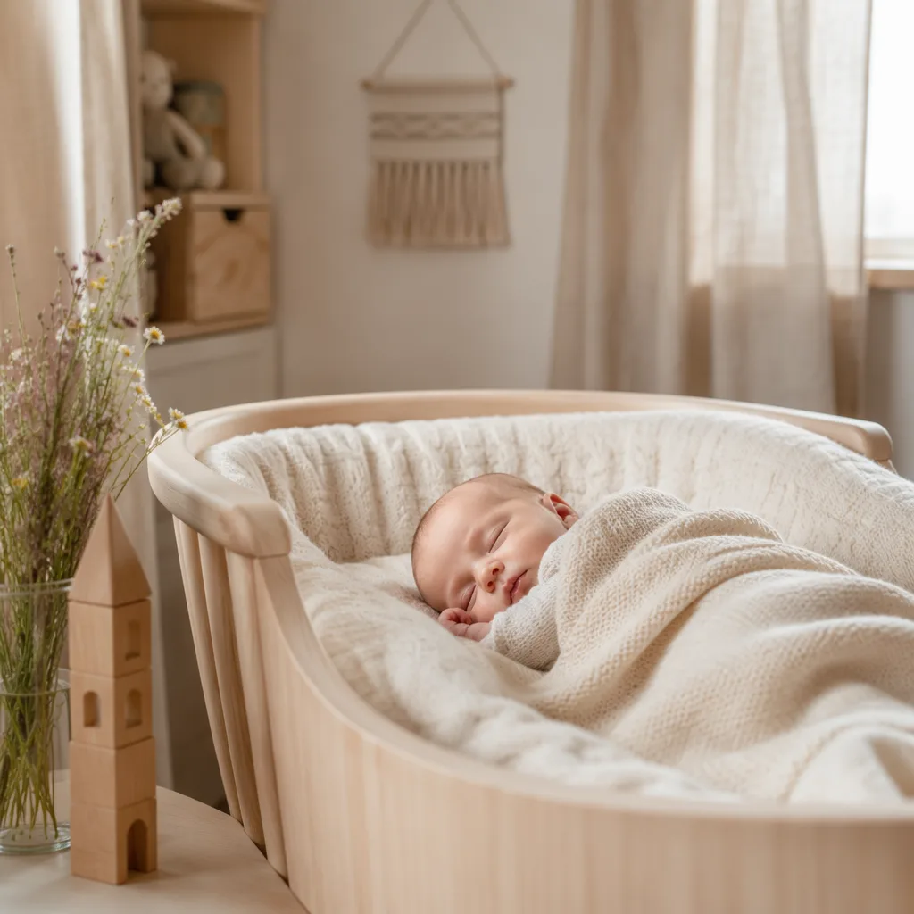 Sleeping newborn in a cozy Scandinavian nursery with soft pastel decor.