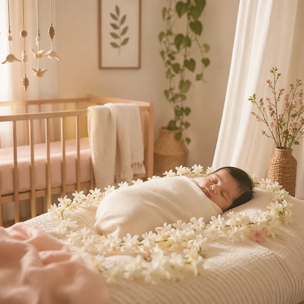 Sleeping baby in a soft pastel nursery with jasmine garlands and gentle natural light.
