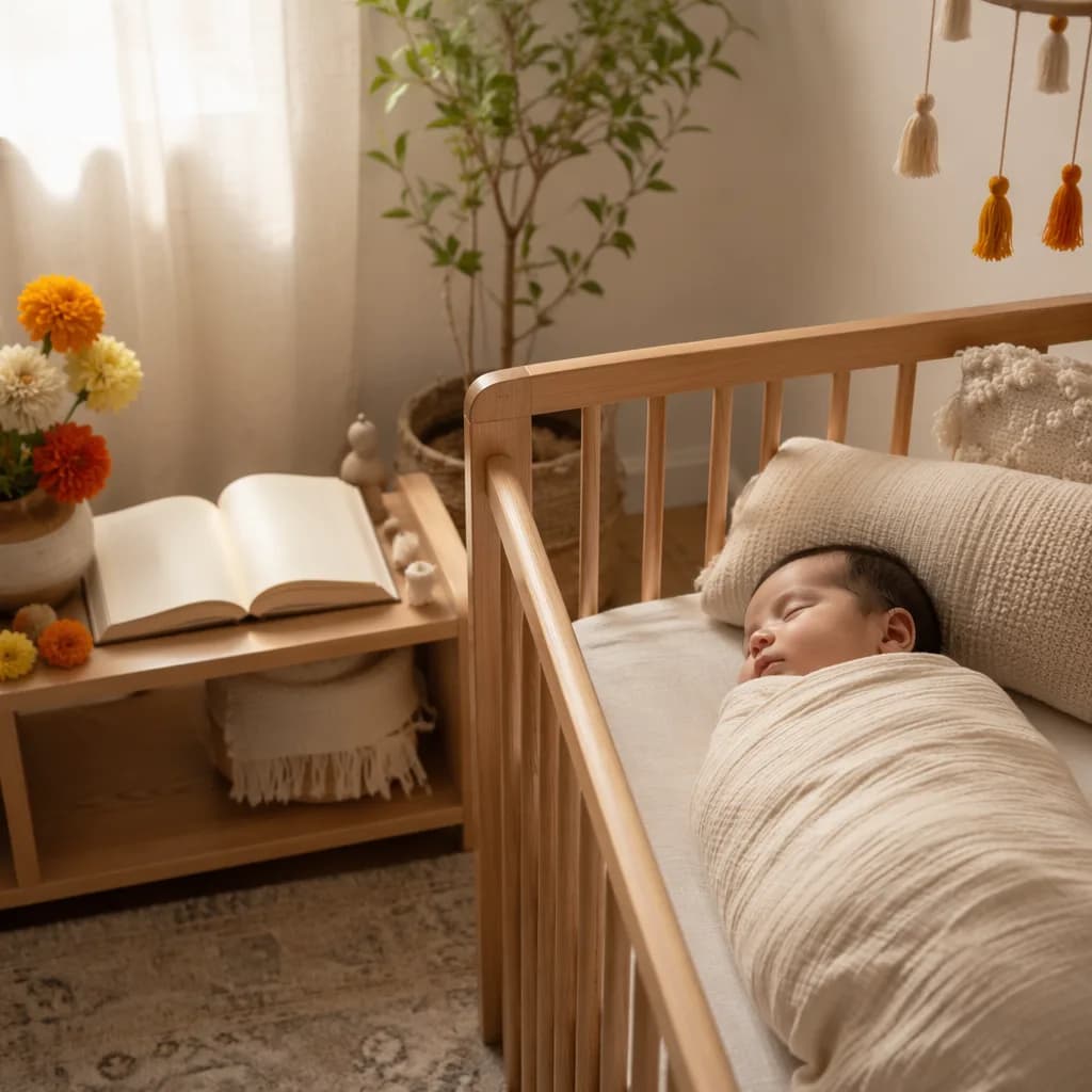 A peaceful pastel nursery with a swaddled sleeping baby and a blank open book nearby.