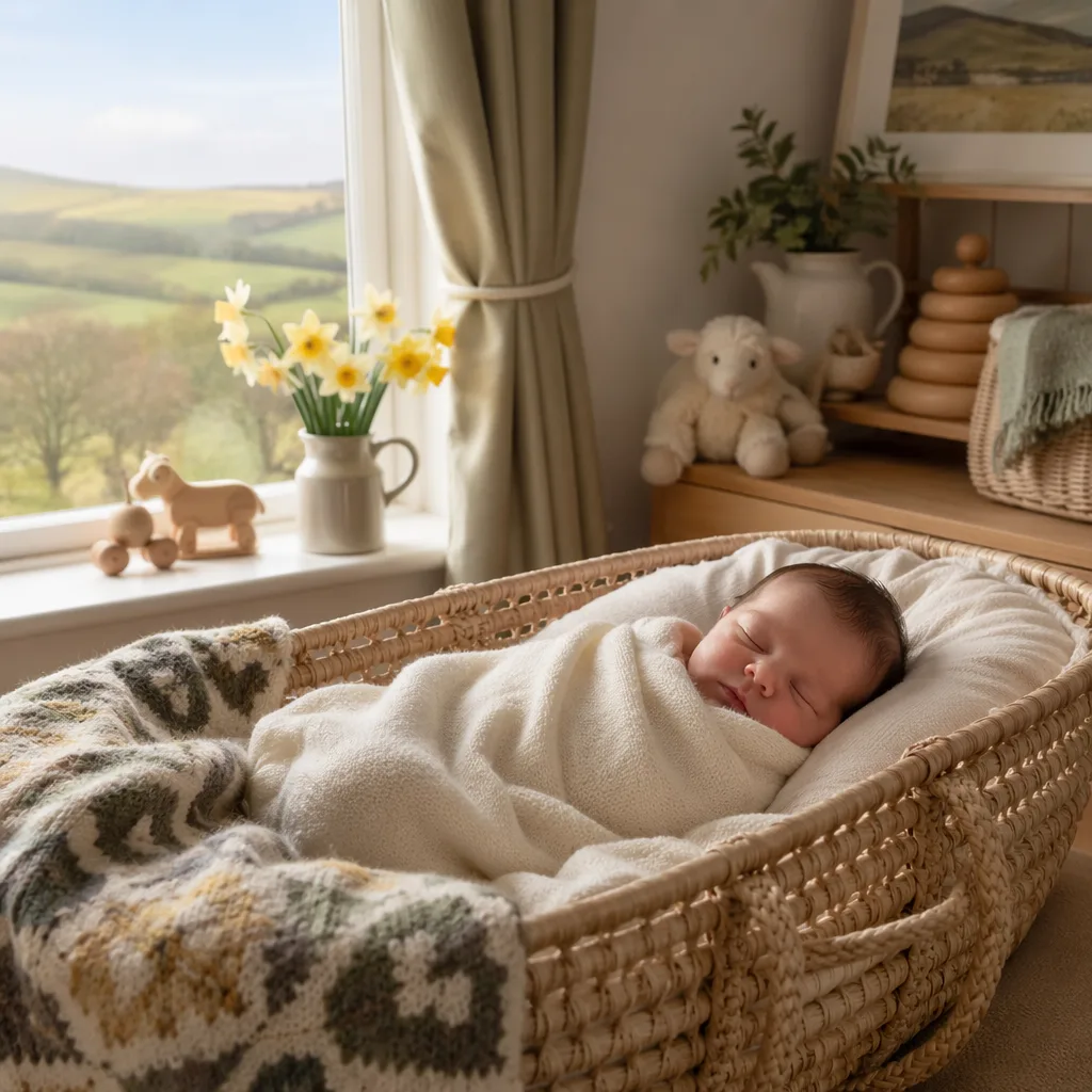 Sleeping newborn in a soft Welsh-inspired nursery with daffodils and gentle natural light.