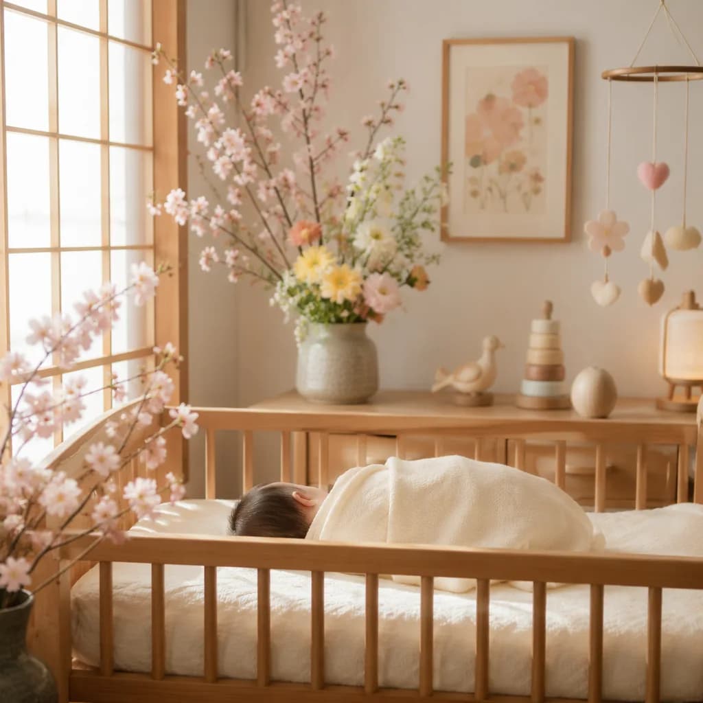 A peaceful Japanese-inspired nursery with a swaddled baby and pastel spring flowers.