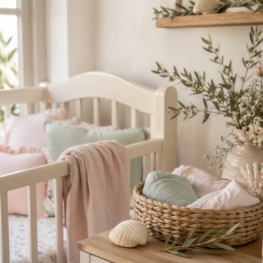 Soft pastel Spanish nursery still-life with crib, flowers, olive branches, and seashell.