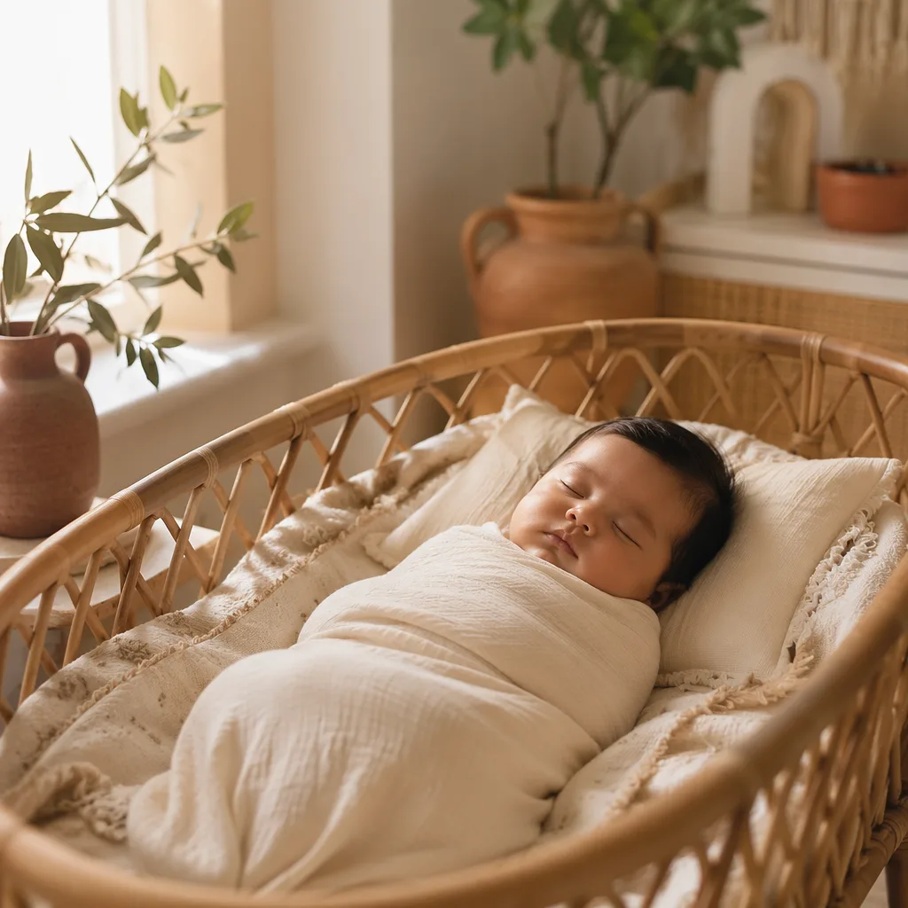 A peaceful Filipino baby sleeping in a cozy pastel nursery with soft natural light and subtle olive and rattan details.
