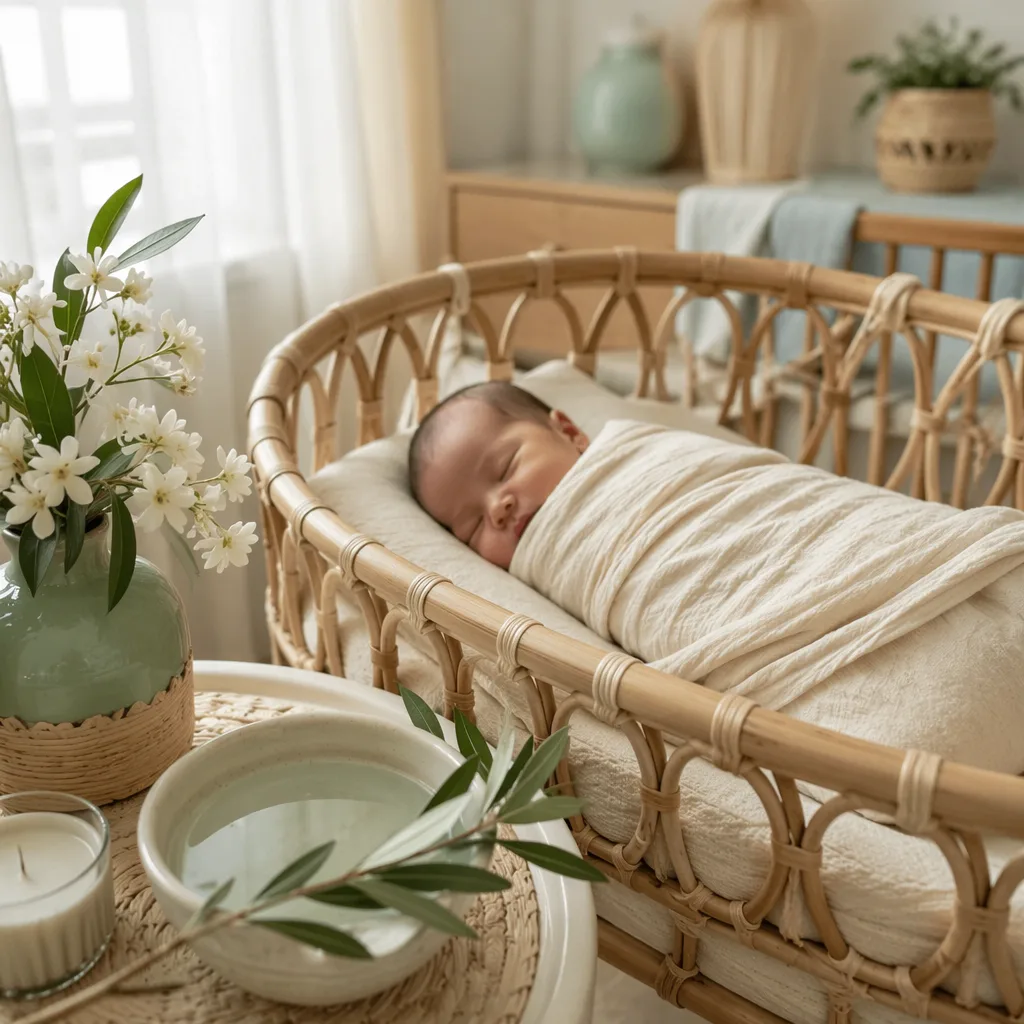 Sleeping Filipino newborn in a soft pastel nursery with rattan accents and gentle baptism-inspired details.