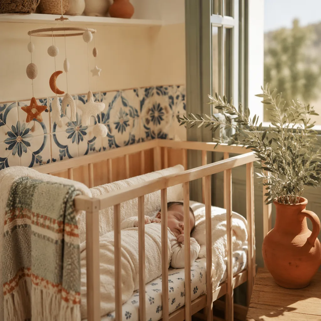 Sleeping baby in a warm Spanish-inspired pastel nursery