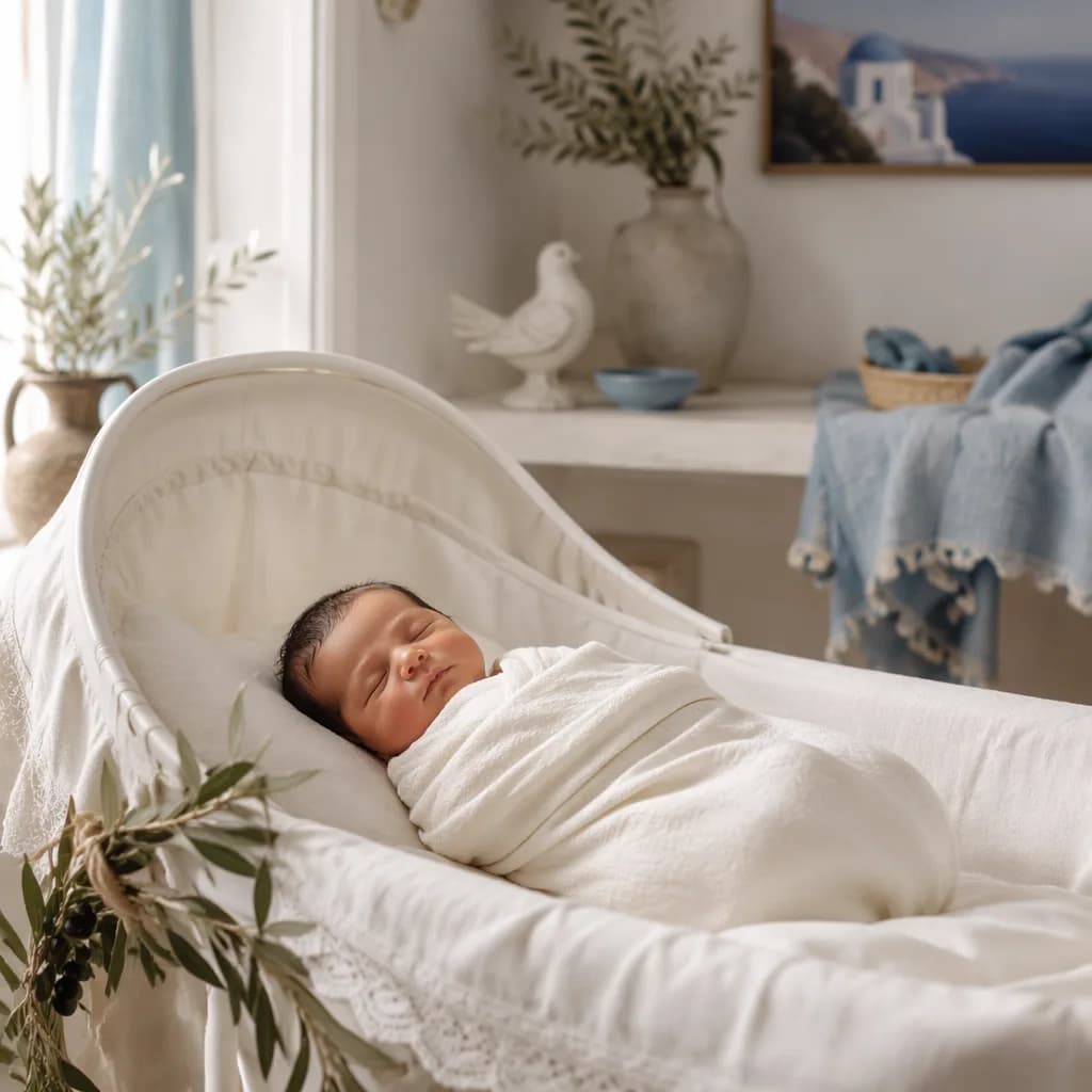 Sleeping newborn in a soft Greek-inspired nursery with olive branch and pastel accents.
