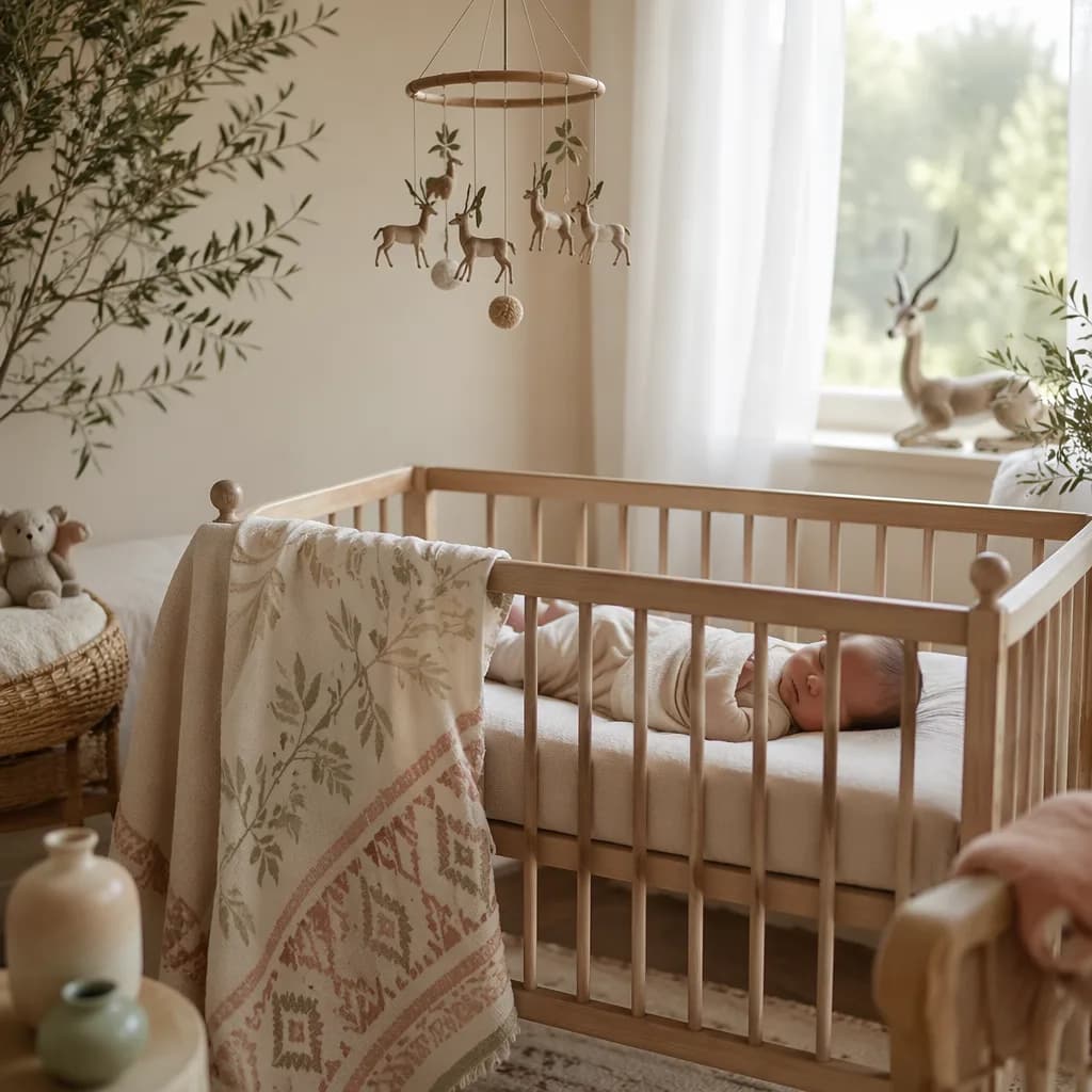 Soft Arabic-inspired nursery with a swaddled newborn and gentle gazelle decor.