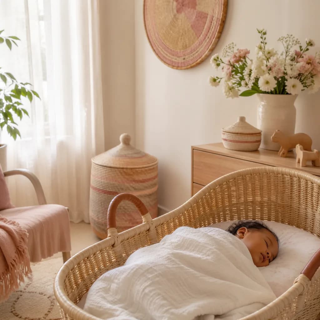 Sleeping baby in a soft pastel nursery with woven accents and delicate flowers.