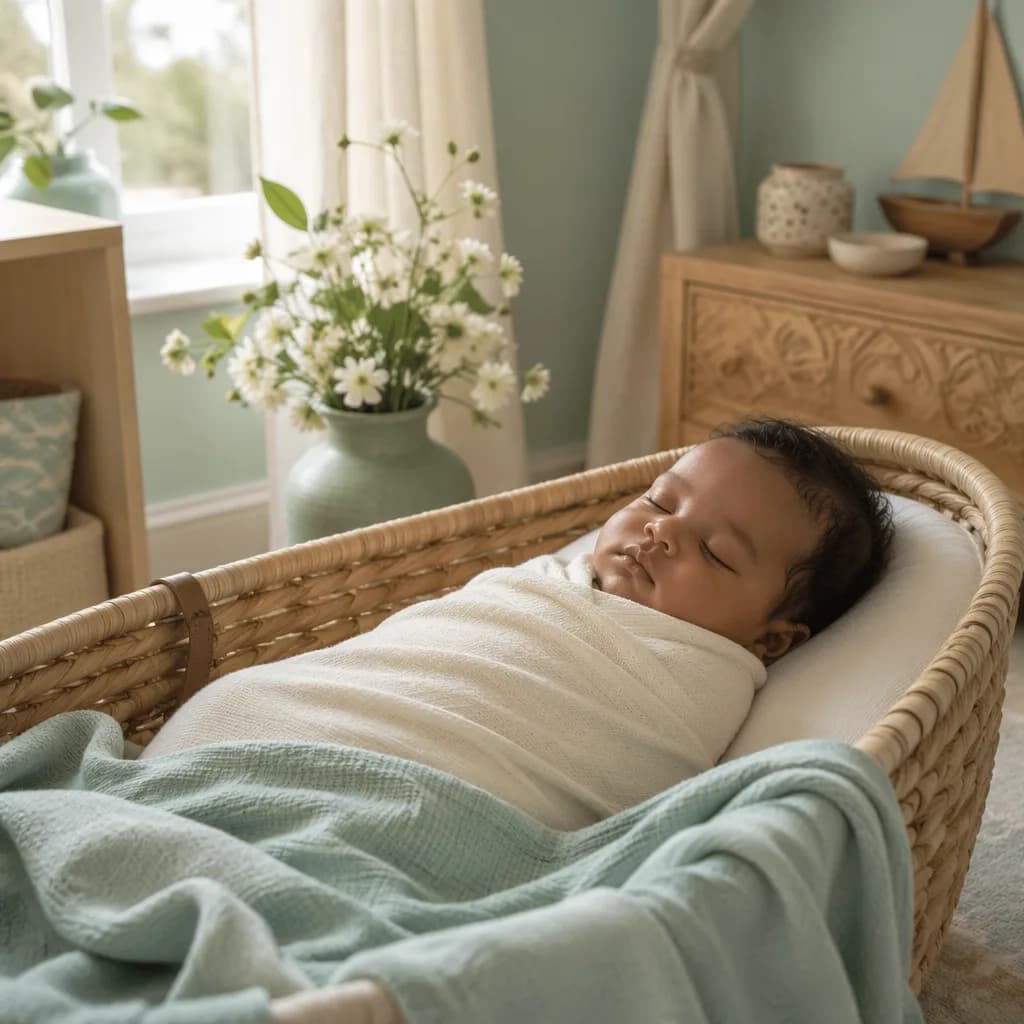 Sleeping swaddled baby in a soft Swahili-inspired nursery with woven accents and gentle pastel light.