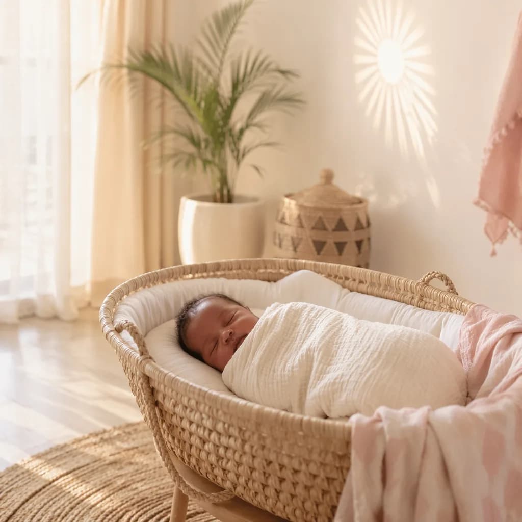 Sleeping newborn in a warm sunlit nursery with soft Swahili-inspired decor.