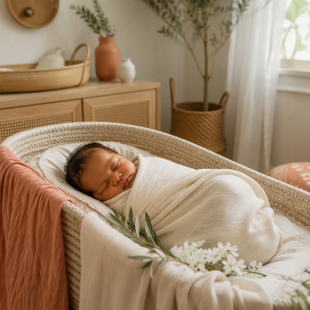 A sleeping newborn in a cozy pastel nursery with soft East African-inspired accents.