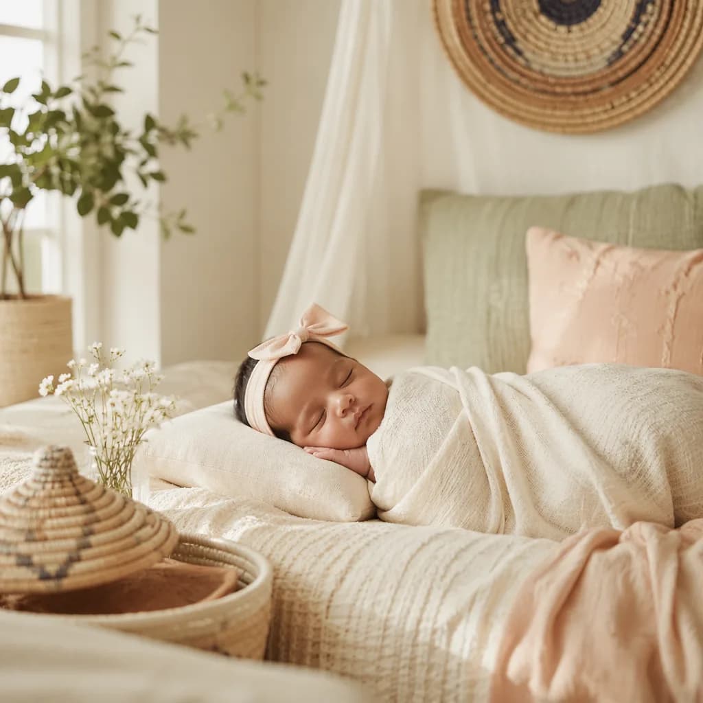 A peaceful newborn in a soft nursery with flowers and woven accents.
