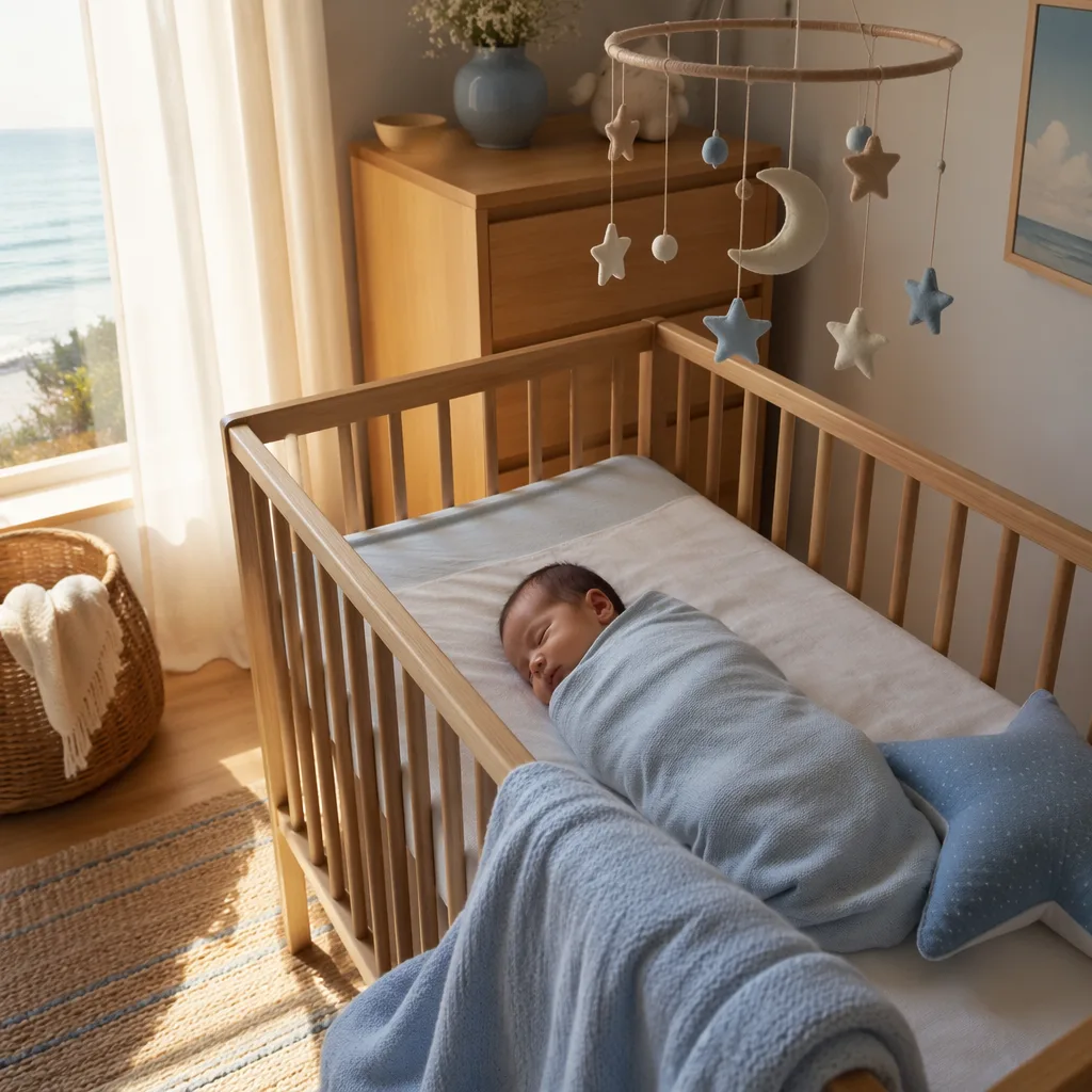 A peaceful pastel nursery with a swaddled baby, soft seaside light, and a moon-and-stars mobile.