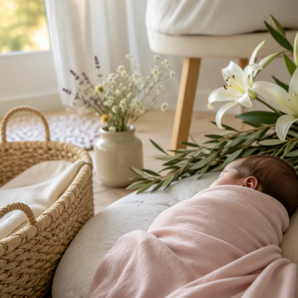 A peaceful newborn in a soft pastel Portuguese-inspired nursery with wildflowers and gentle natural light.