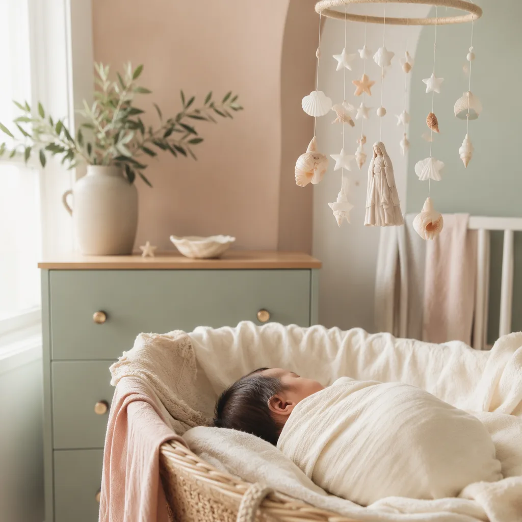 A softly lit Filipino baby in a cozy pastel nursery with shell and star accents.