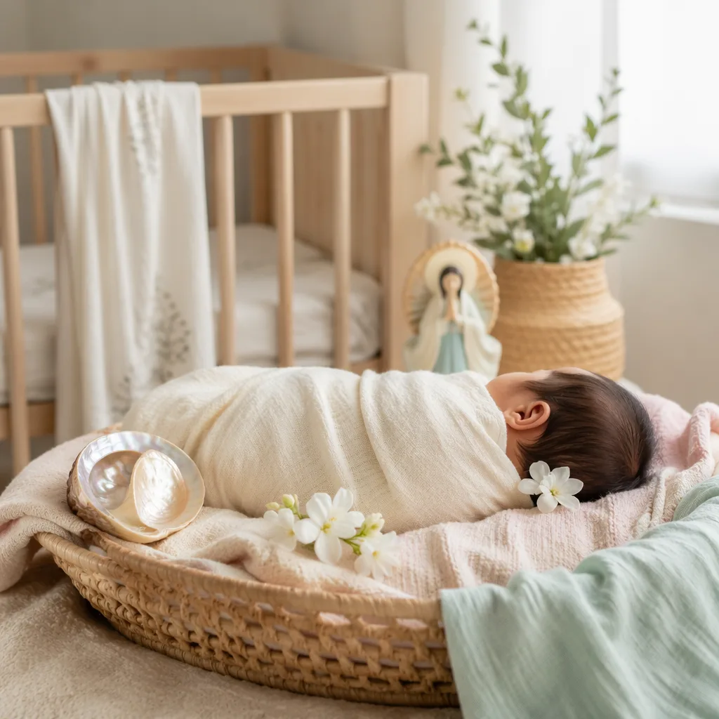 A peaceful Filipino baby in a soft pastel nursery with gentle sea-inspired details.