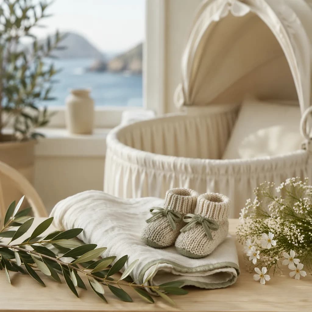Cozy Greek-inspired nursery still-life with baby blanket, booties, olive branch, and soft pastel light.