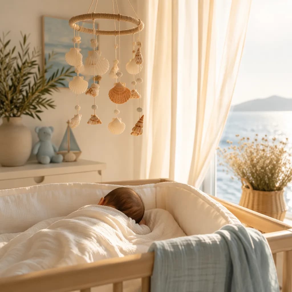 Soft Greek-inspired nursery with a sleeping baby, seashell accents, olive branches, and warm morning light.