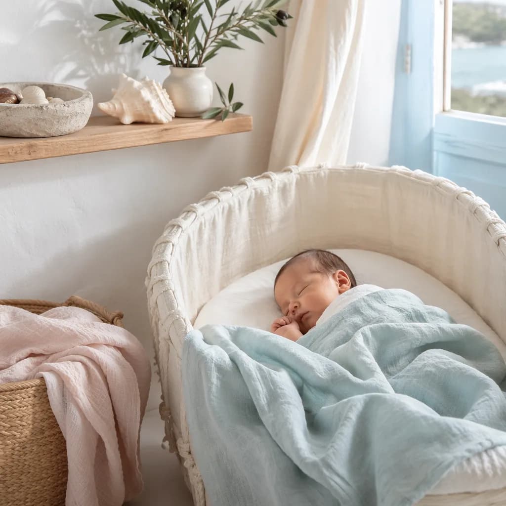 Peaceful Greek-inspired nursery with a sleeping baby, sea-blue linens, shells, and olive branches.
