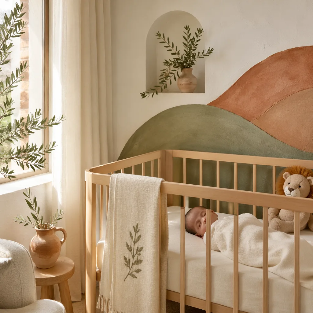 A peaceful baby sleeping in a warm pastel Spanish-inspired nursery with soft natural light.