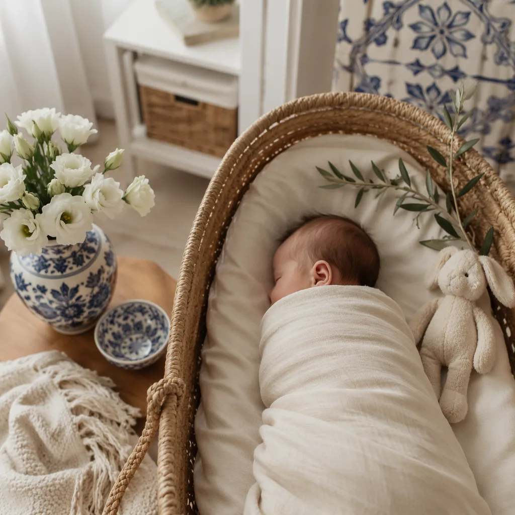 Sleeping baby in a soft Portuguese-inspired nursery with pastel decor and gentle light.