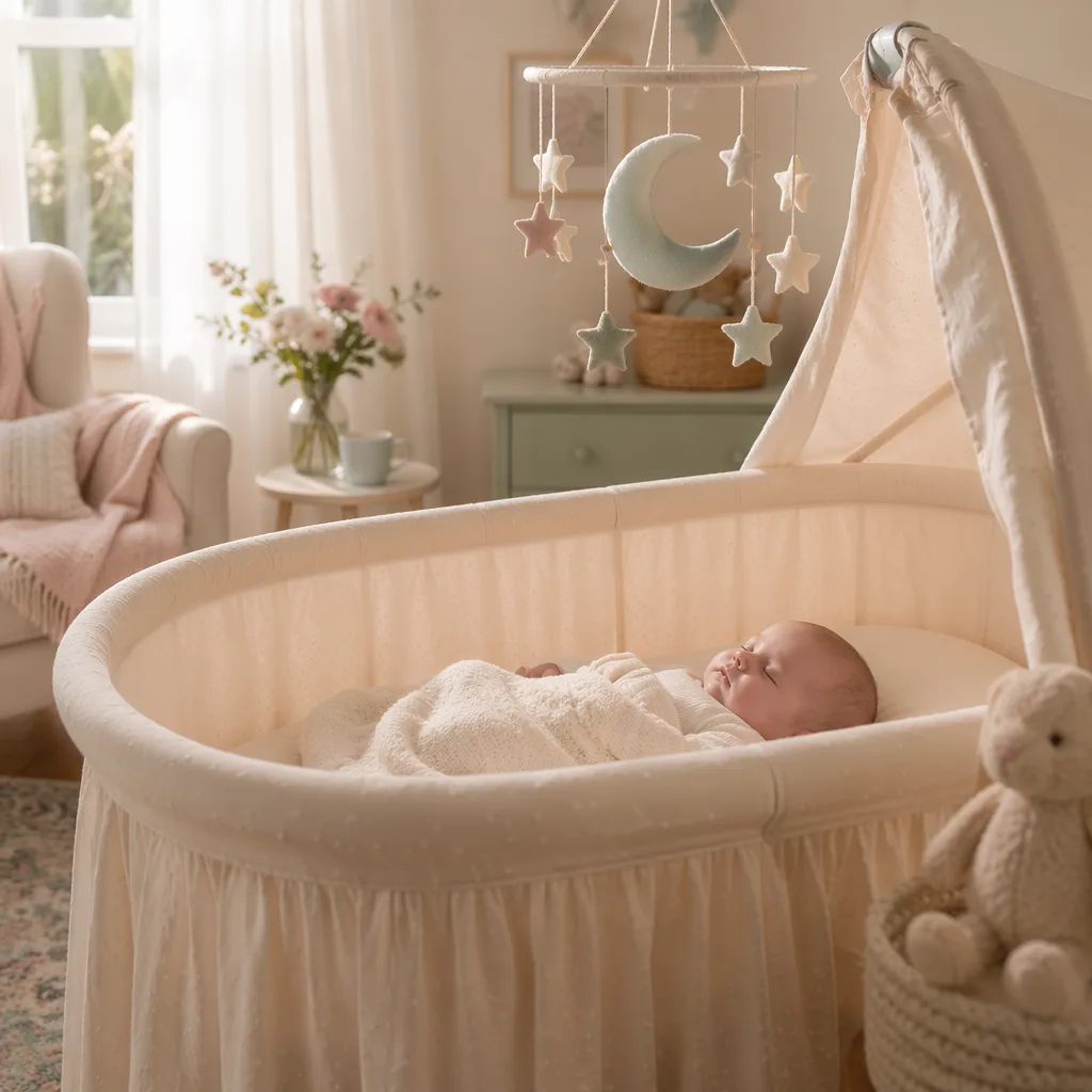 A peaceful baby sleeping in a soft nursery with pastel moon and star accents.