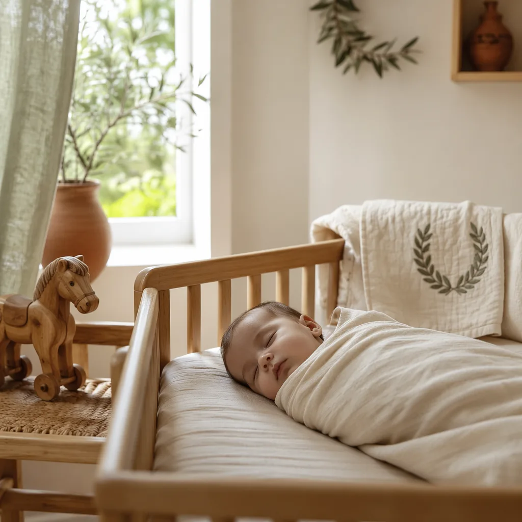 Sleeping baby in a soft Portuguese-inspired nursery with laurel and warm pastel accents.