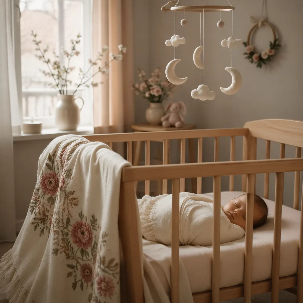 A softly lit cozy nursery with a swaddled sleeping baby and subtle Polish-inspired details.