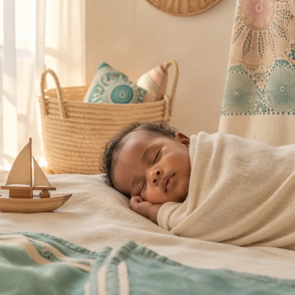 Swahili baby sleeping in a soft pastel nursery with coastal woven accents and a wooden sailboat toy.