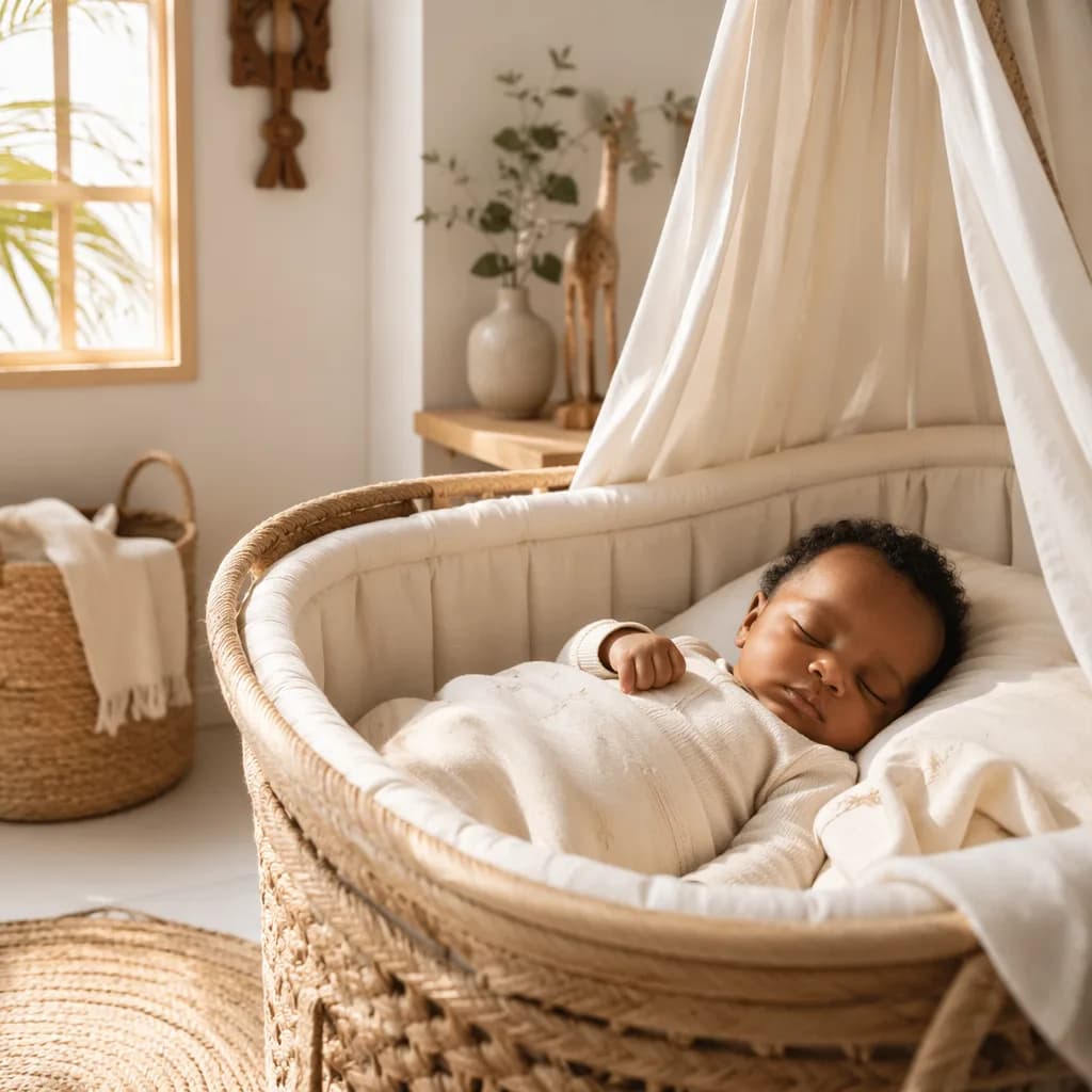 Peaceful Swahili-inspired nursery with a sleeping baby in warm pastel light.