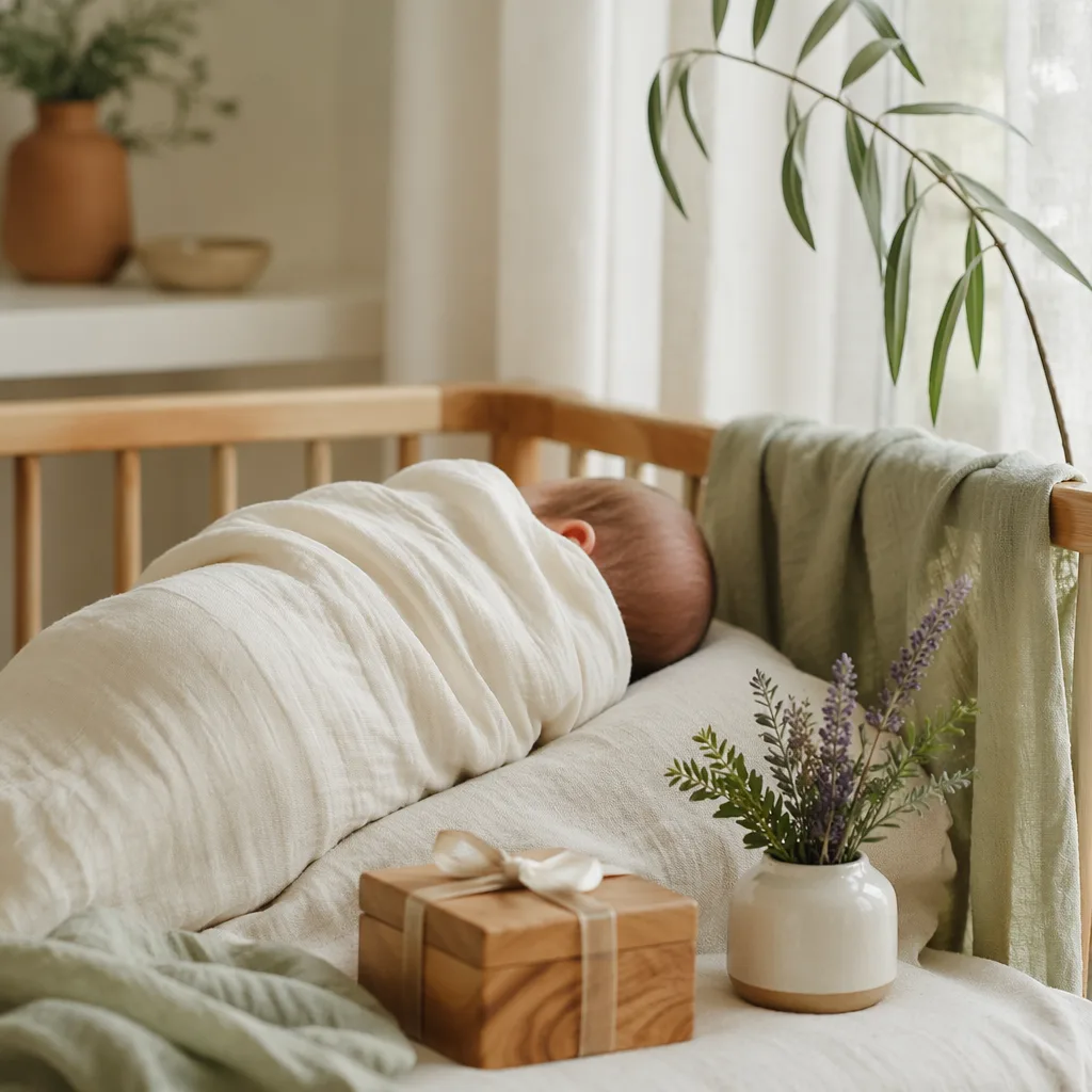Sleeping swaddled baby in a warm pastel Spanish-inspired nursery with symbolic gift, herbs, and willow details.