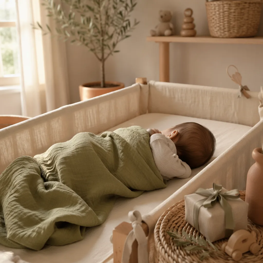 Soft Mediterranean nursery with a sleeping baby, olive branch, and small gift box.