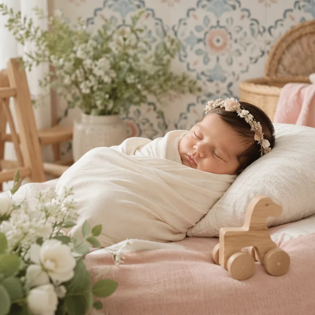 Sleeping newborn in a softly lit Portuguese-inspired pastel nursery.