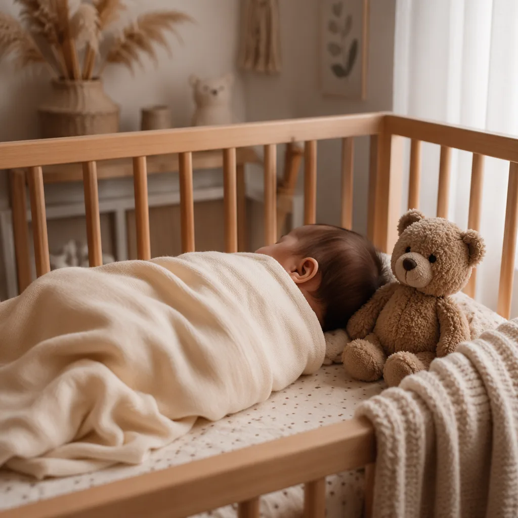 Sleeping baby in a soft nursery beside a plush bear.