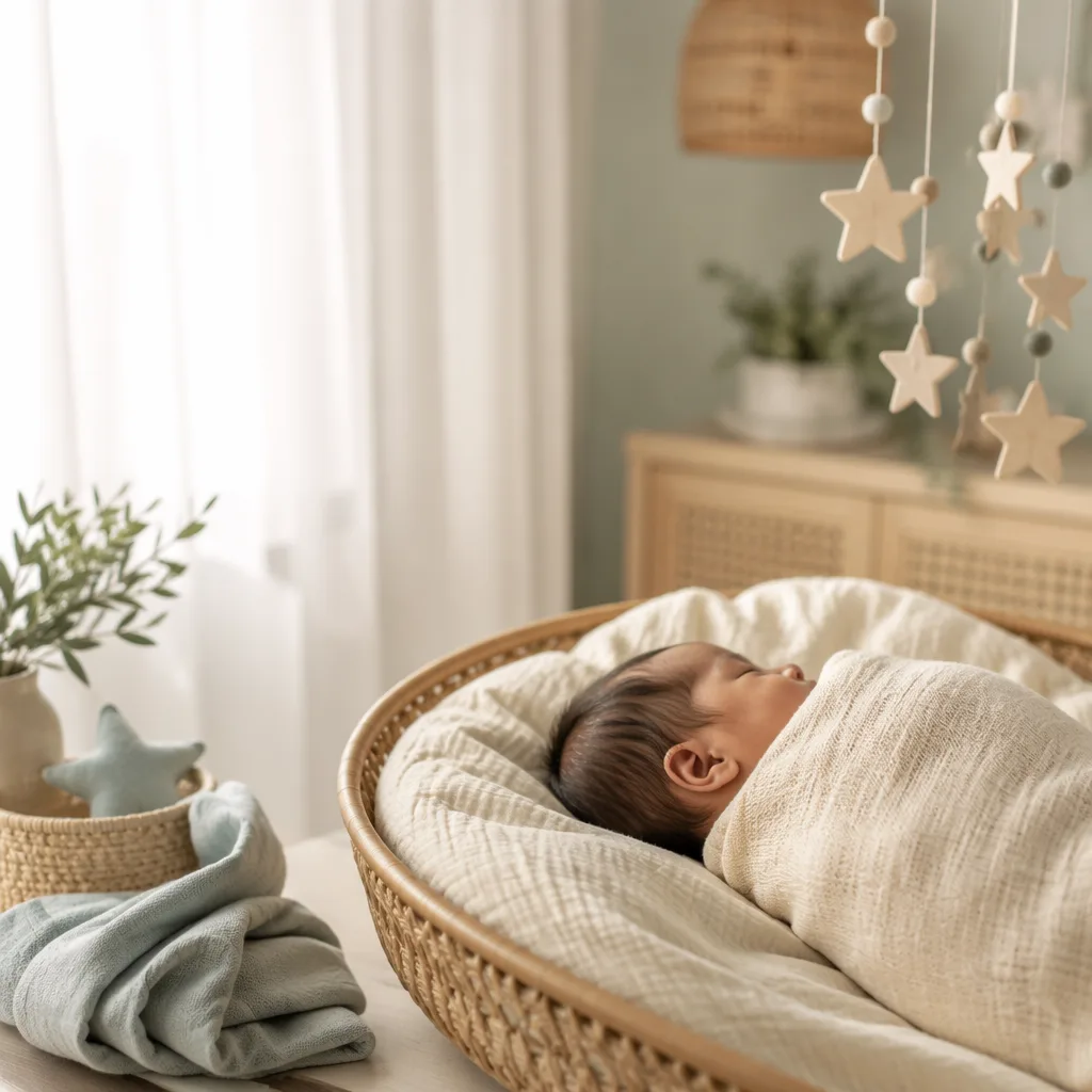 A peacefully sleeping Filipino baby in a soft pastel nursery with warm natural light and woven decor.