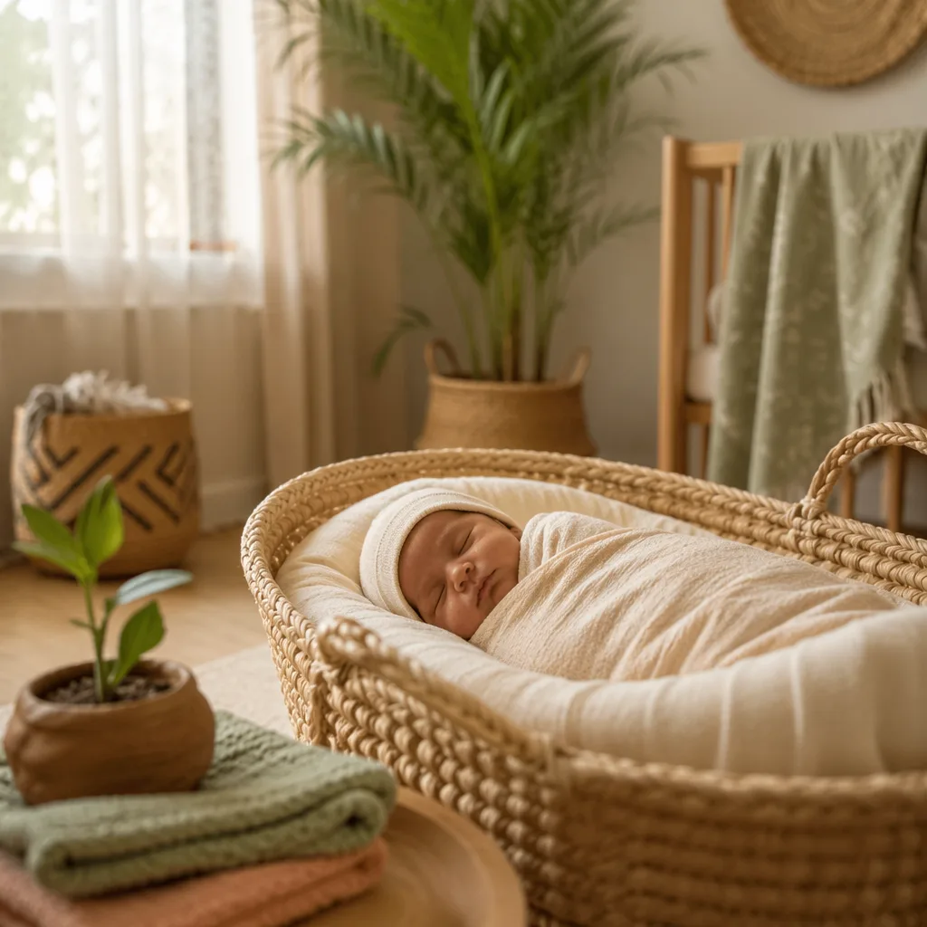 A softly lit cozy nursery with a swaddled sleeping baby and warm natural decor.