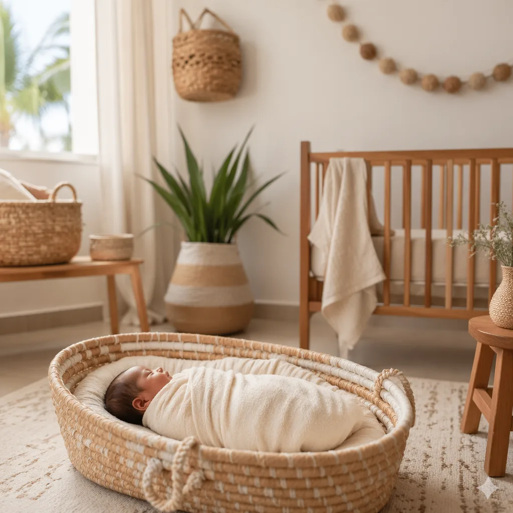 A softly lit cozy nursery with a swaddled newborn and gentle natural decor.