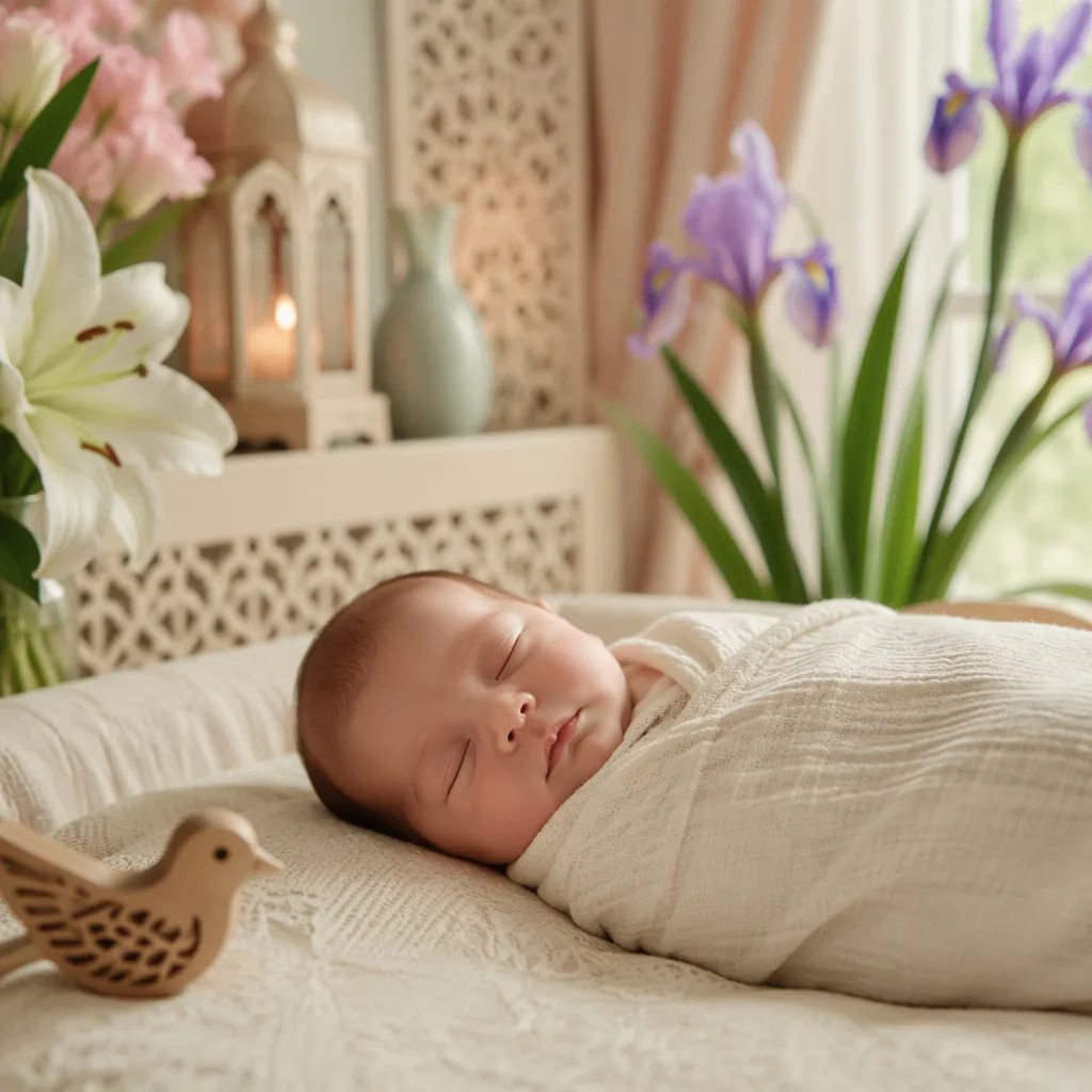 Sleeping baby in a soft pastel nursery with lilies and a wooden bird motif.