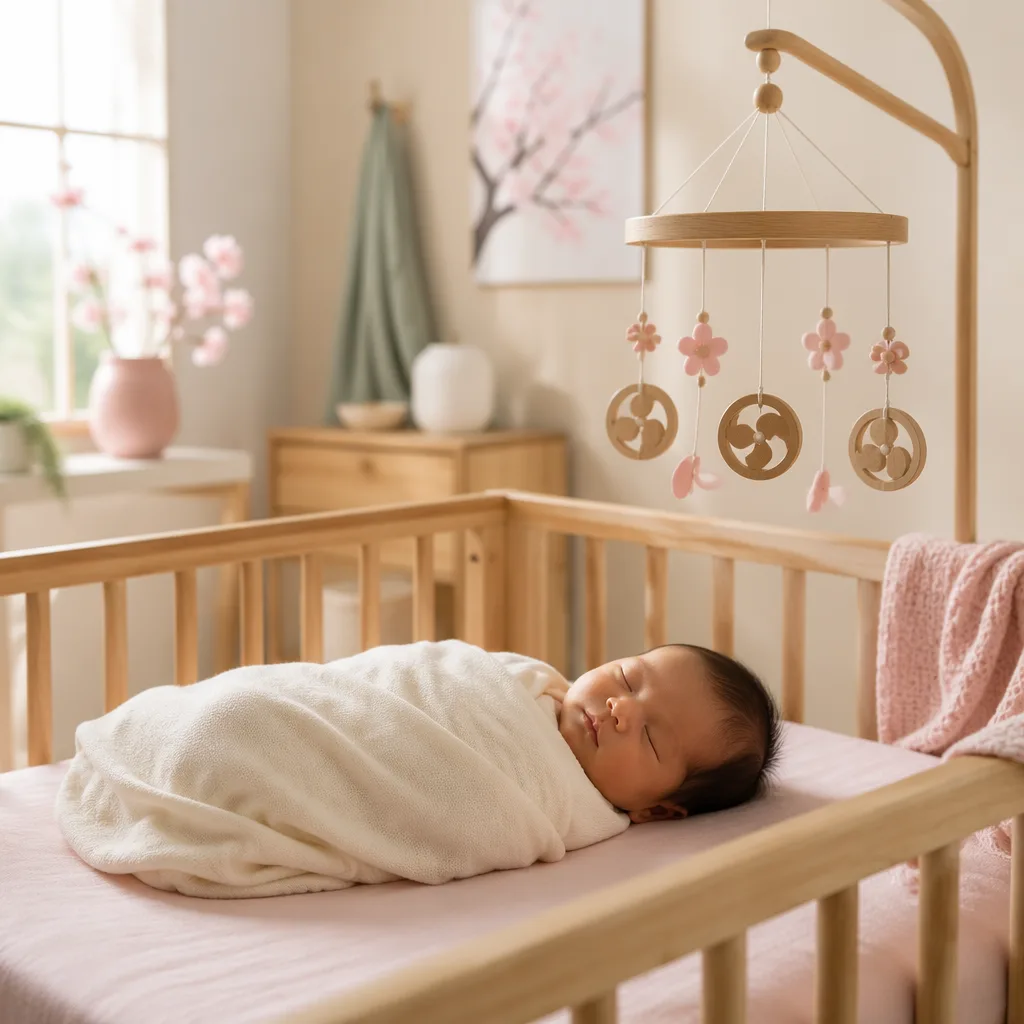 Sleeping newborn in a soft Japanese-inspired nursery with pastel cherry blossom and tomoe accents.