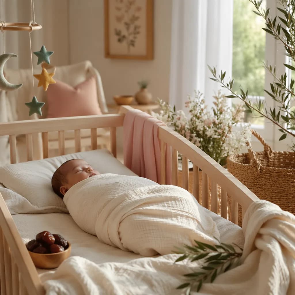 A peaceful pastel nursery with a swaddled sleeping baby, dates, and soft garden-inspired details.
