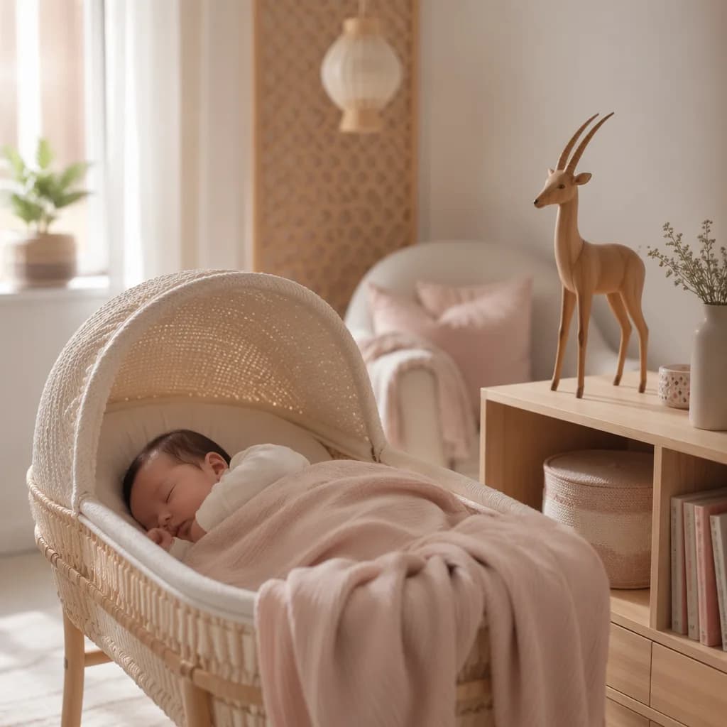 Soft pastel nursery with a sleeping baby and a small gazelle figurine symbolizing grace.
