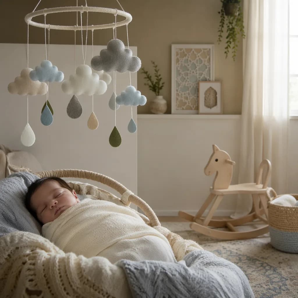 Soft Arabic-inspired nursery scene with a swaddled baby, cloud mobile, and wooden rocking horse.